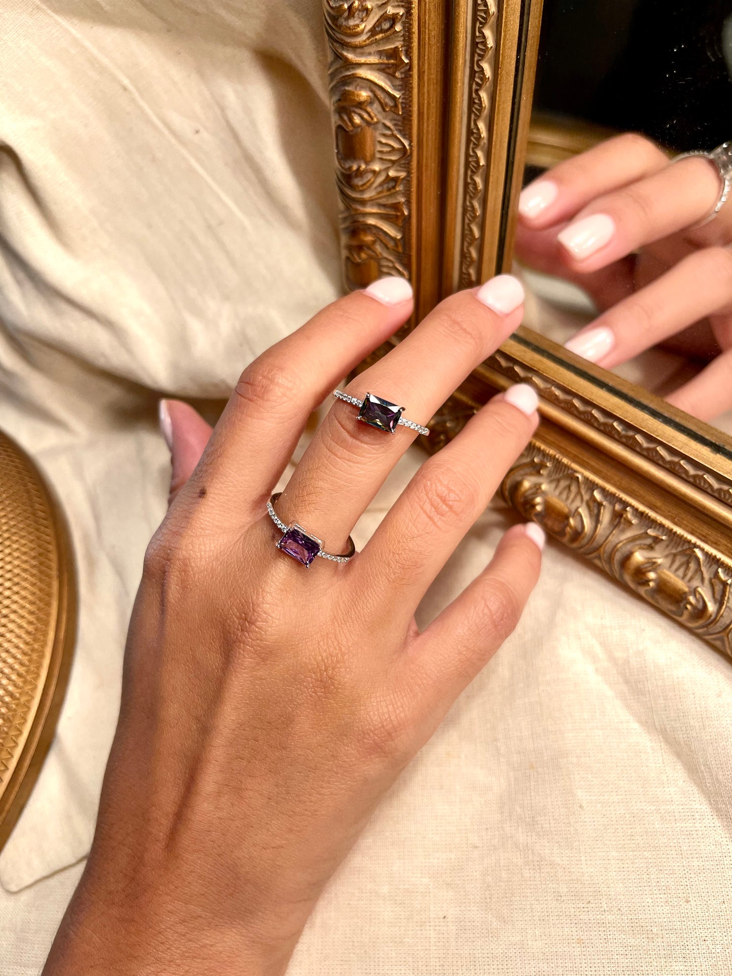Anillo Zircones Lila Rectangular